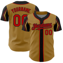 Load image into Gallery viewer, Custom Old Gold Red-Black 3 Colors Arm Shapes Authentic Baseball Jersey
