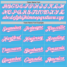 Charger l'image dans la galerie, Custom Sky Blue White-Pink 3 Colors Arm Shapes Authentic Baseball Jersey