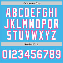 Charger l'image dans la galerie, Custom Sky Blue White-Pink 3 Colors Arm Shapes Authentic Baseball Jersey