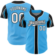 Charger l'image dans la galerie, Custom Sky Blue White-Black 3 Colors Arm Shapes Authentic Baseball Jersey