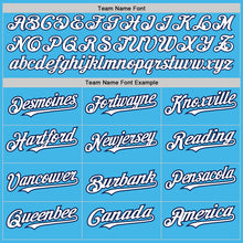Load image into Gallery viewer, Custom Sky Blue White-Navy 3 Colors Arm Shapes Authentic Baseball Jersey