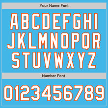 Charger l'image dans la galerie, Custom Sky Blue White-Orange 3 Colors Arm Shapes Authentic Baseball Jersey