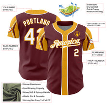 Load image into Gallery viewer, Custom Burgundy White-Gold 3 Colors Arm Shapes Authentic Baseball Jersey