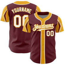 Load image into Gallery viewer, Custom Burgundy White-Gold 3 Colors Arm Shapes Authentic Baseball Jersey
