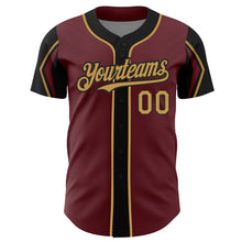 Load image into Gallery viewer, Custom Burgundy Old Gold-Black 3 Colors Arm Shapes Authentic Baseball Jersey

