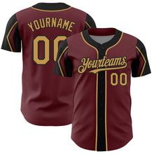 Load image into Gallery viewer, Custom Burgundy Old Gold-Black 3 Colors Arm Shapes Authentic Baseball Jersey
