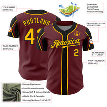 Load image into Gallery viewer, Custom Burgundy Gold-Black 3 Colors Arm Shapes Authentic Baseball Jersey

