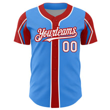 Load image into Gallery viewer, Custom Electric Blue White-Red 3 Colors Arm Shapes Authentic Baseball Jersey