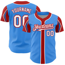 Load image into Gallery viewer, Custom Electric Blue White-Red 3 Colors Arm Shapes Authentic Baseball Jersey