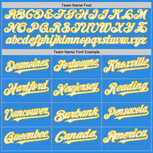 Load image into Gallery viewer, Custom Electric Blue White-Gold 3 Colors Arm Shapes Authentic Baseball Jersey