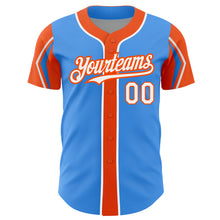 Load image into Gallery viewer, Custom Electric Blue White-Orange 3 Colors Arm Shapes Authentic Baseball Jersey
