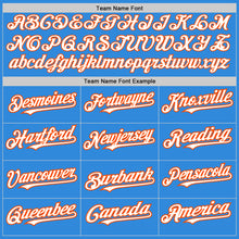 Load image into Gallery viewer, Custom Electric Blue White-Orange 3 Colors Arm Shapes Authentic Baseball Jersey