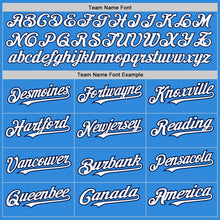 Load image into Gallery viewer, Custom Electric Blue White-Navy 3 Colors Arm Shapes Authentic Baseball Jersey