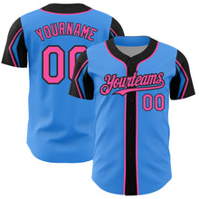 Load image into Gallery viewer, Custom Electric Blue Pink-Black 3 Colors Arm Shapes Authentic Baseball Jersey