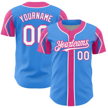 Load image into Gallery viewer, Custom Electric Blue White-Pink 3 Colors Arm Shapes Authentic Baseball Jersey
