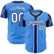 Load image into Gallery viewer, Custom Electric Blue White-Royal 3 Colors Arm Shapes Authentic Baseball Jersey