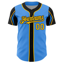 Load image into Gallery viewer, Custom Electric Blue Gold-Black 3 Colors Arm Shapes Authentic Baseball Jersey