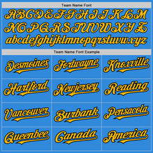 Load image into Gallery viewer, Custom Electric Blue Gold-Black 3 Colors Arm Shapes Authentic Baseball Jersey