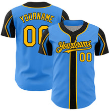 Load image into Gallery viewer, Custom Electric Blue Gold-Black 3 Colors Arm Shapes Authentic Baseball Jersey