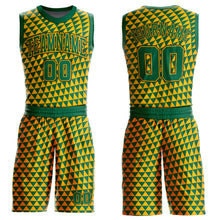 Load image into Gallery viewer, Custom Gold Kelly Green-Black Triangle Shapes Round Neck Sublimation Basketball Suit Jersey