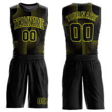 Load image into Gallery viewer, Custom Black Neon Yellow Tracks Round Neck Sublimation Basketball Suit Jersey