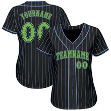 Laden Sie das Bild in den Galerie-Viewer, Custom Black Light Blue Pinstripe Neon Green Authentic Baseball Jersey