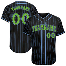 Laden Sie das Bild in den Galerie-Viewer, Custom Black Light Blue Pinstripe Neon Green Authentic Baseball Jersey