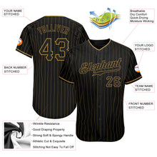 Load image into Gallery viewer, Custom Black Old Gold Pinstripe Black Authentic Baseball Jersey