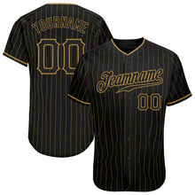 Load image into Gallery viewer, Custom Black Old Gold Pinstripe Black Authentic Baseball Jersey