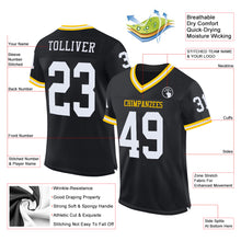 Charger l'image dans la galerie, Custom Black White-Gold Mesh Authentic Throwback Football Jersey