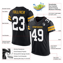 Laden Sie das Bild in den Galerie-Viewer, Custom Black White-Gold Mesh Authentic Football Jersey