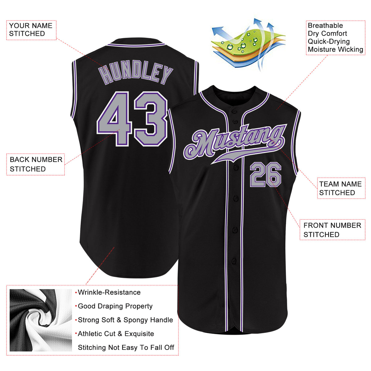 Cheap Custom Black Gray-Purple Authentic Sleeveless Baseball Jersey Free  Shipping – CustomJerseysPro