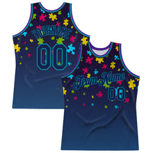 Laden Sie das Bild in den Galerie-Viewer, Custom Black Navy-Teal 3D Pattern Design Autism Awareness Puzzle Pieces Authentic Basketball Jersey