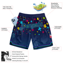 Load image into Gallery viewer, Custom Black Navy-Teal 3D Pattern Design Autism Awareness Puzzle Pieces Authentic Basketball Shorts
