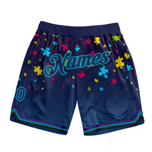 Load image into Gallery viewer, Custom Black Navy-Teal 3D Pattern Design Autism Awareness Puzzle Pieces Authentic Basketball Shorts