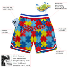 Laden Sie das Bild in den Galerie-Viewer, Custom Black Red-Royal 3D Pattern Design Autism Awareness Puzzle Pieces Authentic Basketball Shorts