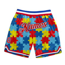 Laden Sie das Bild in den Galerie-Viewer, Custom Black Red-Royal 3D Pattern Design Autism Awareness Puzzle Pieces Authentic Basketball Shorts