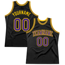 Load image into Gallery viewer, Custom Black Purple-Gold Authentic Throwback Basketball Jersey
