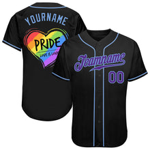 Загрузить изображение в средство просмотра галереи, Custom Black Purple-Light Blue Rainbow Colored Heart For Pride Love Is Love LGBT Authentic Baseball Jersey