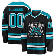 Laden Sie das Bild in den Galerie-Viewer, Custom Black Teal-White Hockey Jersey