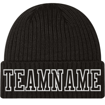 Custom Black Black-White Stitched Cuffed Knit Hat