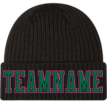 Load image into Gallery viewer, Custom Black Kelly Green-Pink Stitched Cuffed Knit Hat
