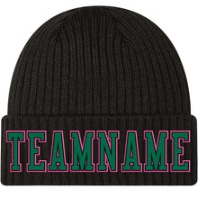 Charger l'image dans la galerie, Custom Black Kelly Green-Pink Stitched Cuffed Knit Hat