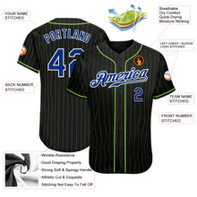 Load image into Gallery viewer, Custom Black Neon Green Pinstripe Royal-White Authentic Baseball Jersey