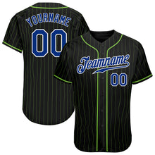 Load image into Gallery viewer, Custom Black Neon Green Pinstripe Royal-White Authentic Baseball Jersey