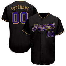 Load image into Gallery viewer, Custom Black Dark Purple-Old Gold Authentic Baseball Jersey