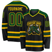 Load image into Gallery viewer, Custom Black Green-Gold Hockey Jersey