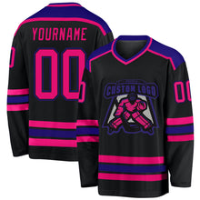 Load image into Gallery viewer, Custom Black Hot Pink-Dark Purple Hockey Jersey