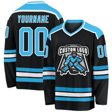 Load image into Gallery viewer, Custom Black Sky Blue-White Hockey Jersey