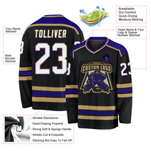 Load image into Gallery viewer, Custom Black White Old Gold-Dark Purple Hockey Jersey